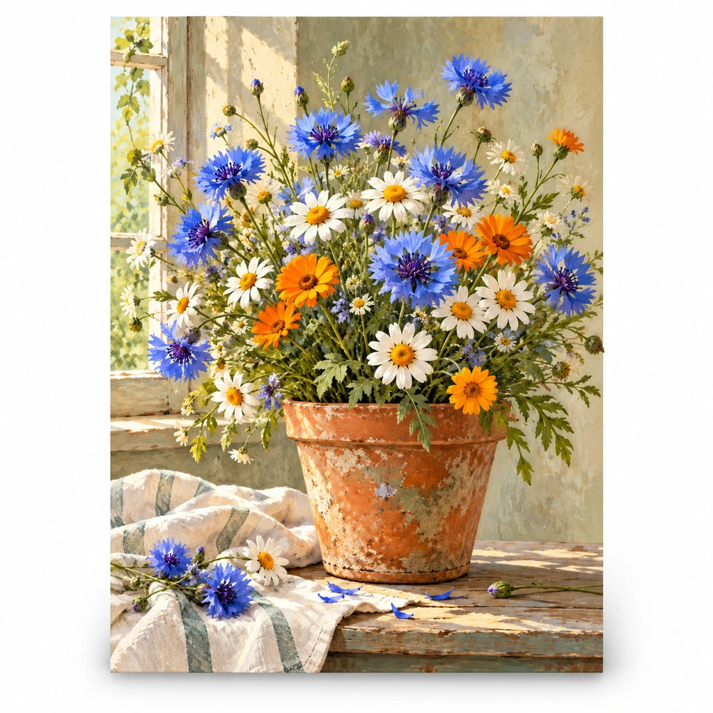 Colorful wildflowers growing in a terracotta pot: original artwork on a white background
