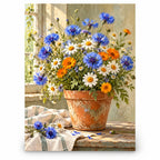 Colorful wildflowers growing in a terracotta pot: original artwork on a white background