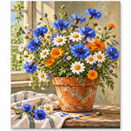 Colorful wildflowers growing in a terracotta pot: finished diamond painting on a white background