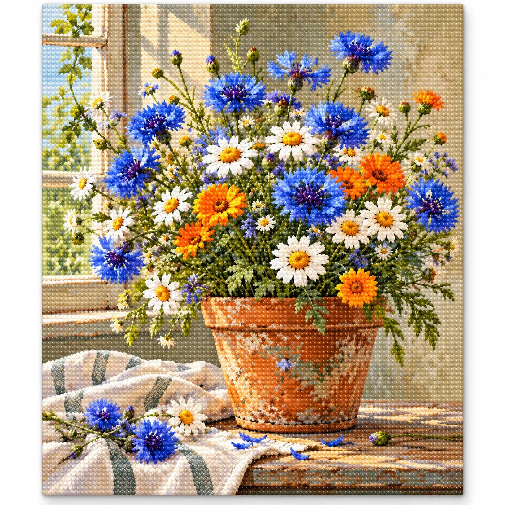 Colorful wildflowers growing in a terracotta pot: finished diamond painting on a white background