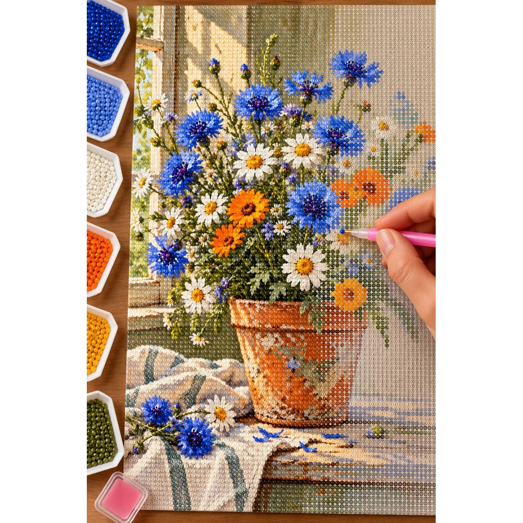 Colorful wildflowers growing in a terracotta pot: diamond painting being completed with a pen