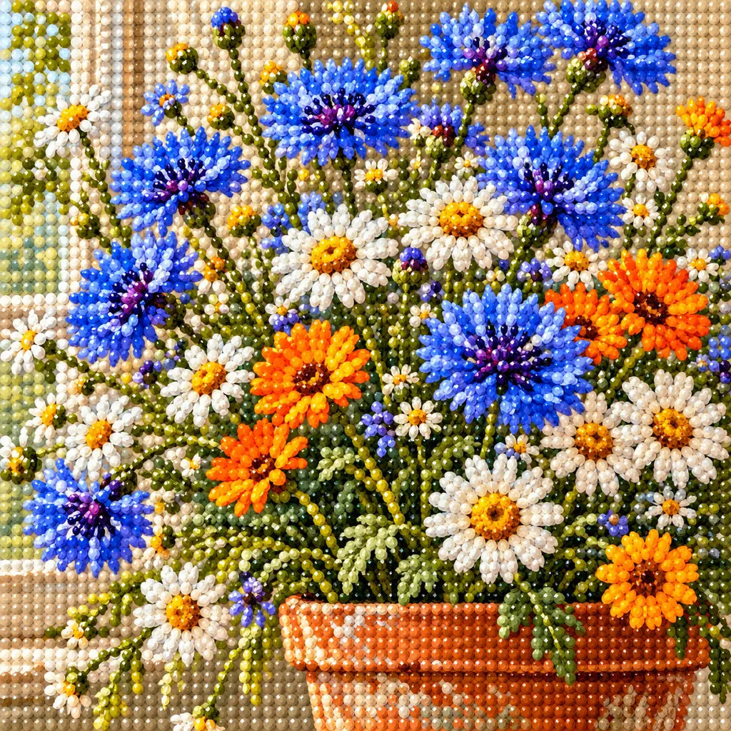 Colorful wildflowers growing in a terracotta pot: close-up of diamond drills
