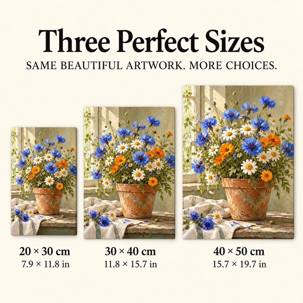 Colorful wildflowers growing in a terracotta pot: size guide showing three available dimensions