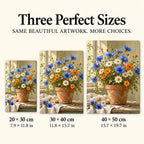 Colorful wildflowers growing in a terracotta pot: size guide showing three available dimensions