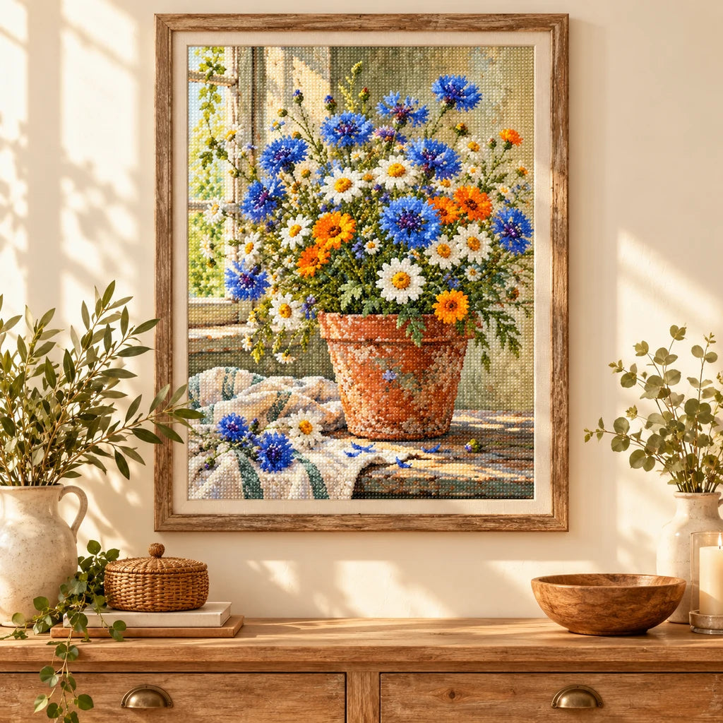 Colorful wildflowers growing in a terracotta pot: diamond painting displayed as home wall decor