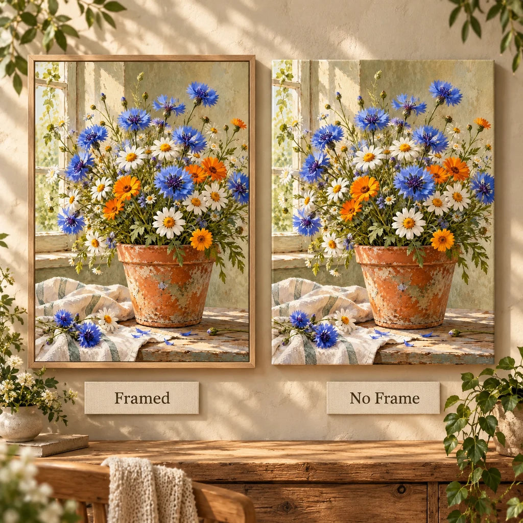 Colorful wildflowers growing in a terracotta pot: framed and no-frame style comparison