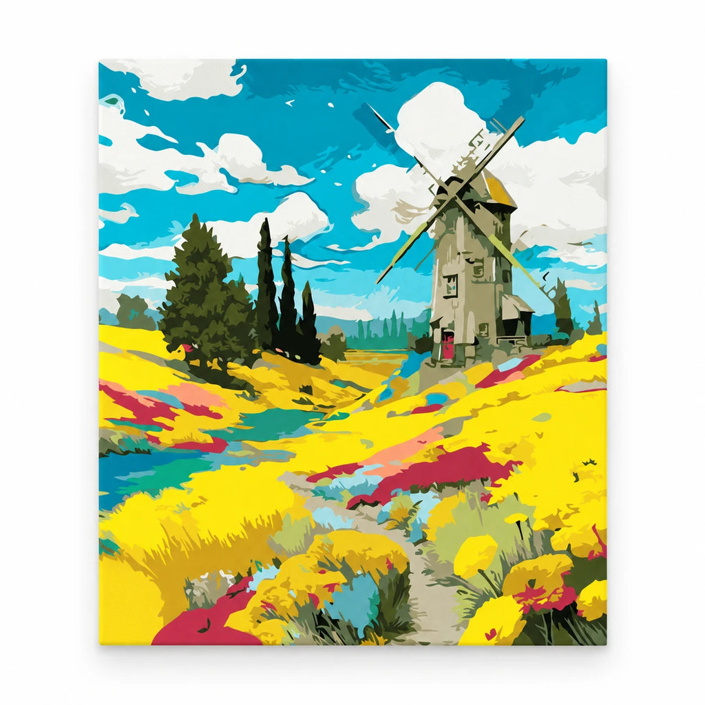 Windmill in Wildflower Field paint by numbers artwork on a front-facing canvas against a white background