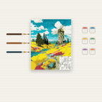 Complete Windmill in Wildflower Field numbered canvas being painted with acrylic paints and brushes