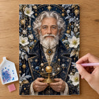 Hands placing drills on the Winter Astronomer diamond painting canvas