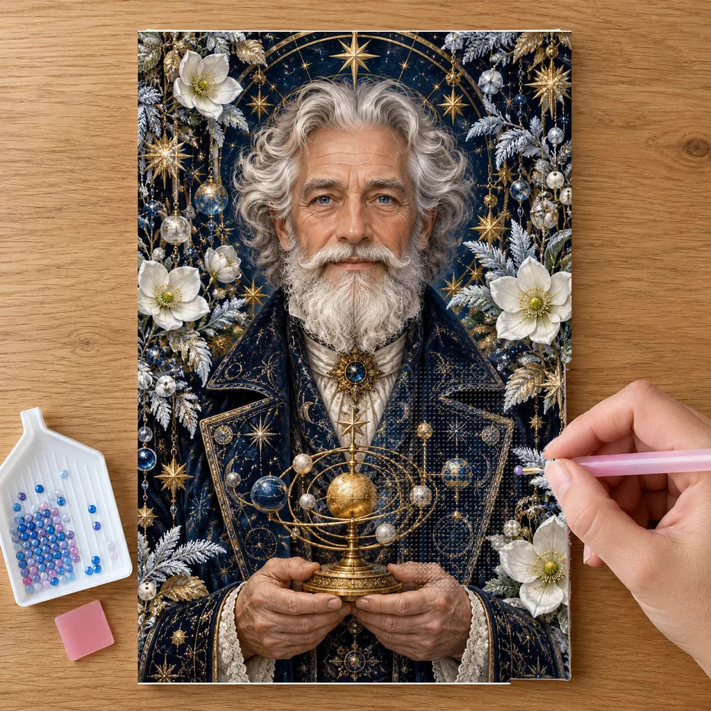 Hands placing drills on the Winter Astronomer diamond painting canvas