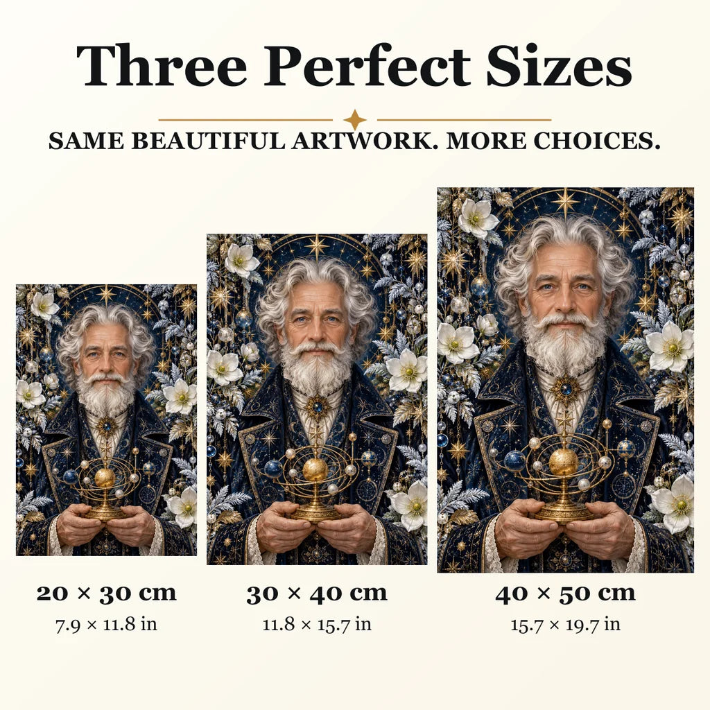 Winter Astronomer diamond painting in 20 by 30, 30 by 40, and 40 by 50 centimeter sizes