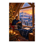 Original illustration of a reader in a cozy attic beside a snowy mountain and cable car view, on a white background