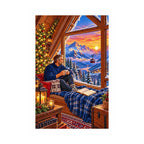 Finished diamond painting of an attic reading nook overlooking snowy mountains and a cable car