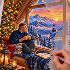 Hand placing diamond drills on the winter attic reading canvas