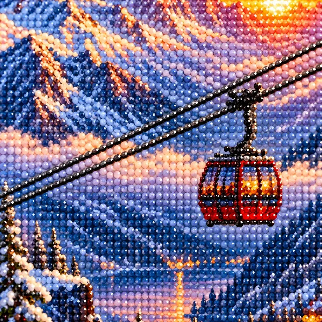Close-up of diamond drills forming the snowy mountain cable car view through the attic window
