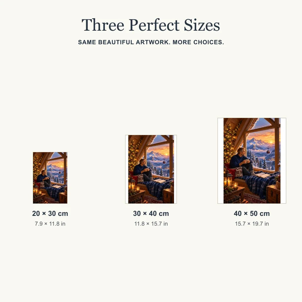 Portrait size guide for the winter attic reading design: 20 × 30, 30 × 40, and 40 × 50 cm