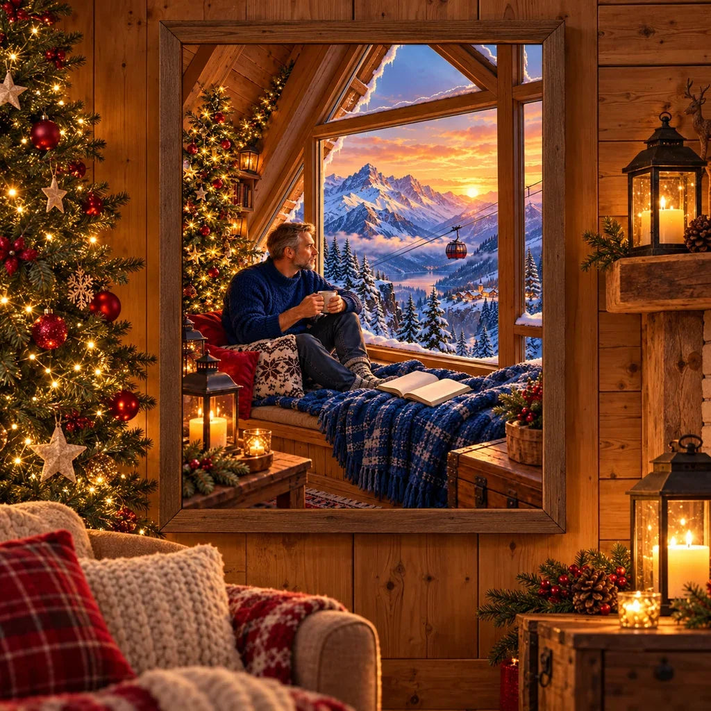 Framed winter attic reading diamond painting displayed in a cozy interior