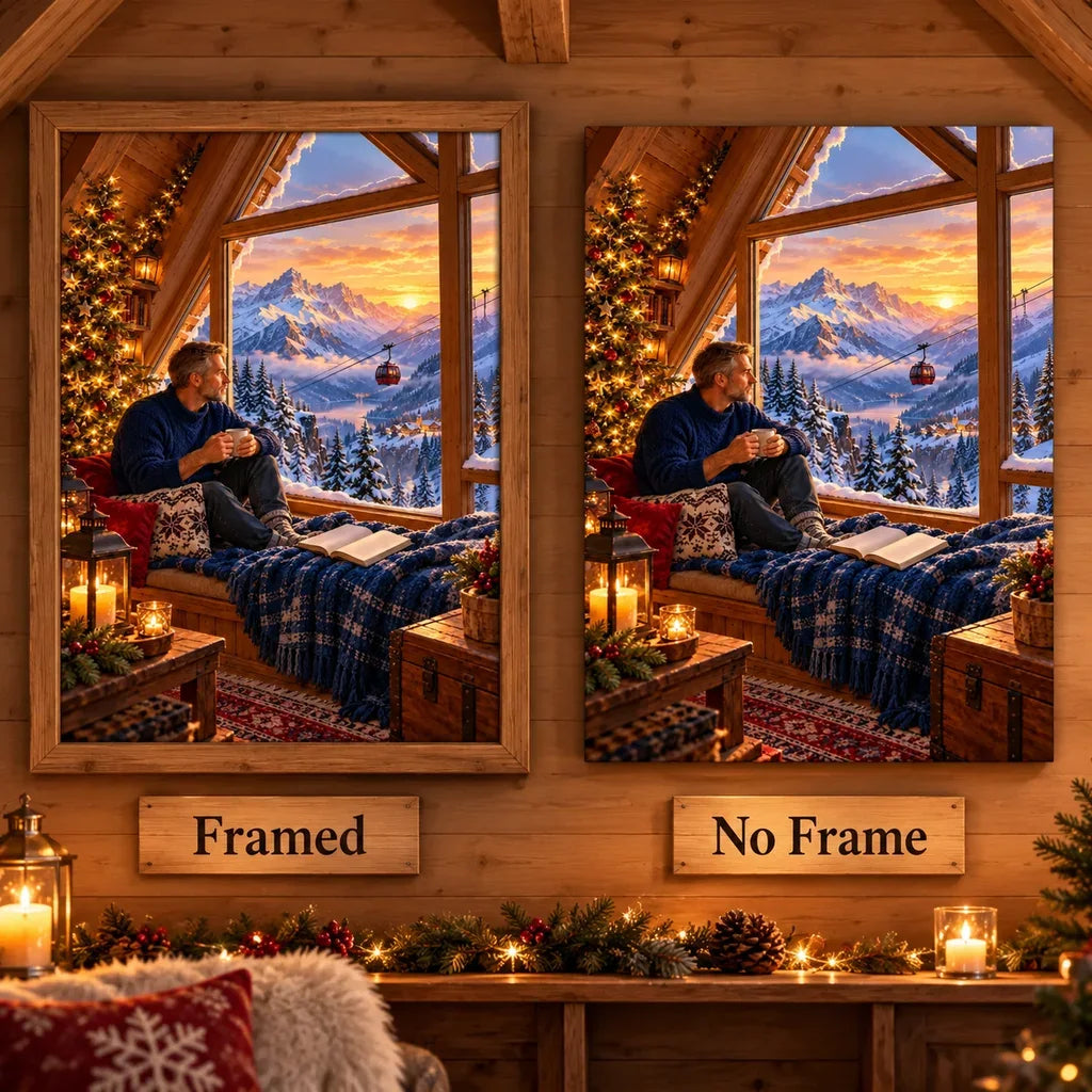 Framed and no-frame comparison for the winter attic reading diamond painting