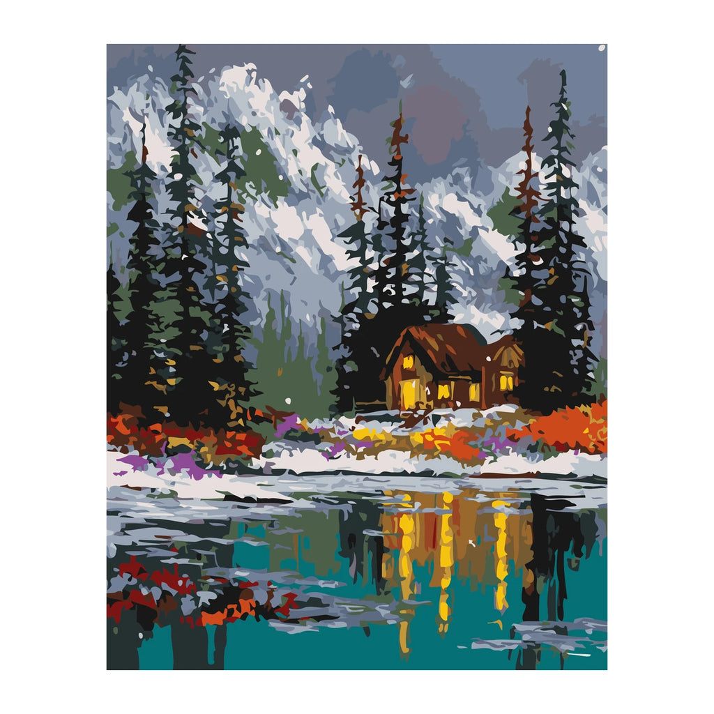 Winter Cabin by the Lake completed artwork on a clean white background