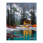 Winter Cabin by the Lake completed artwork on a clean white background