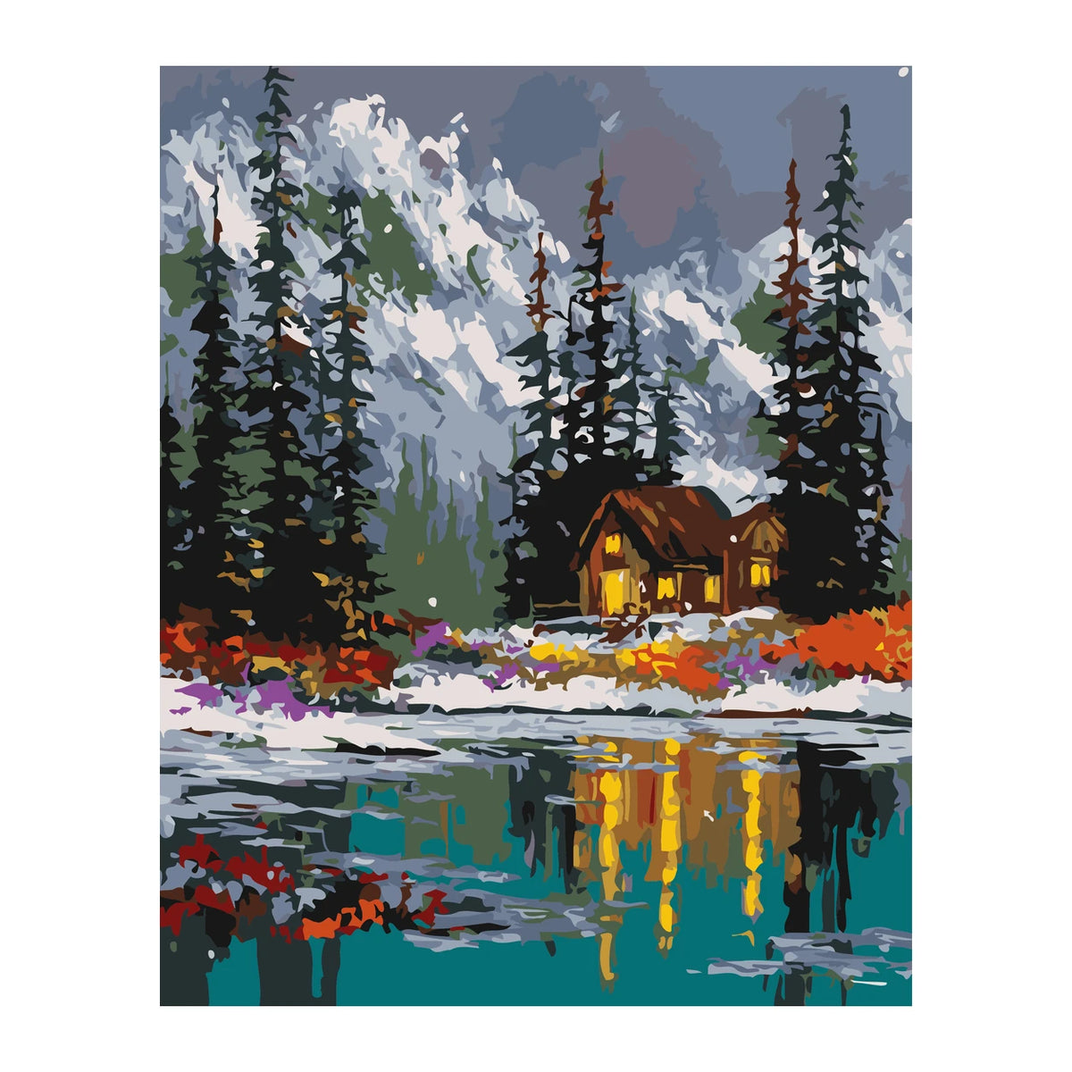 Winter Cabin by the Lake completed artwork on a clean white background