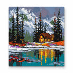 Winter Cabin by the Lake paint by numbers artwork on a front-facing canvas against a white background