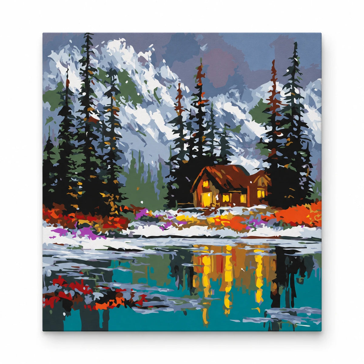 Winter Cabin by the Lake paint by numbers artwork on a front-facing canvas against a white background
