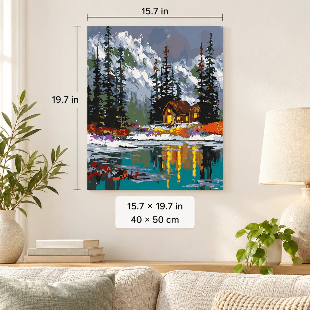 Winter Cabin by the Lake shown in a styled room with 15.7 x 19.7 in and 40 x 50 cm dimensions