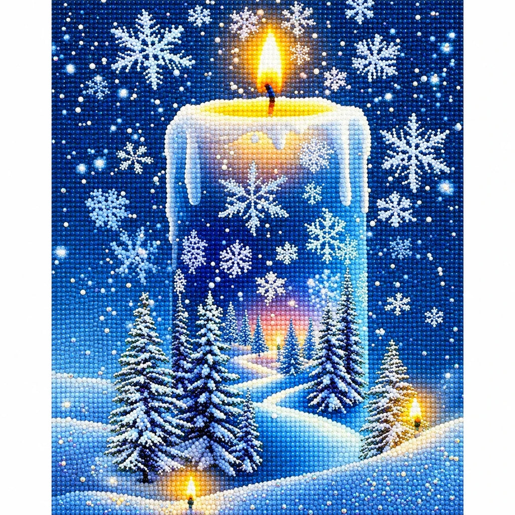 Winter Candle Snowflakes Diamond Painting Kit finished diamond artwork on white background