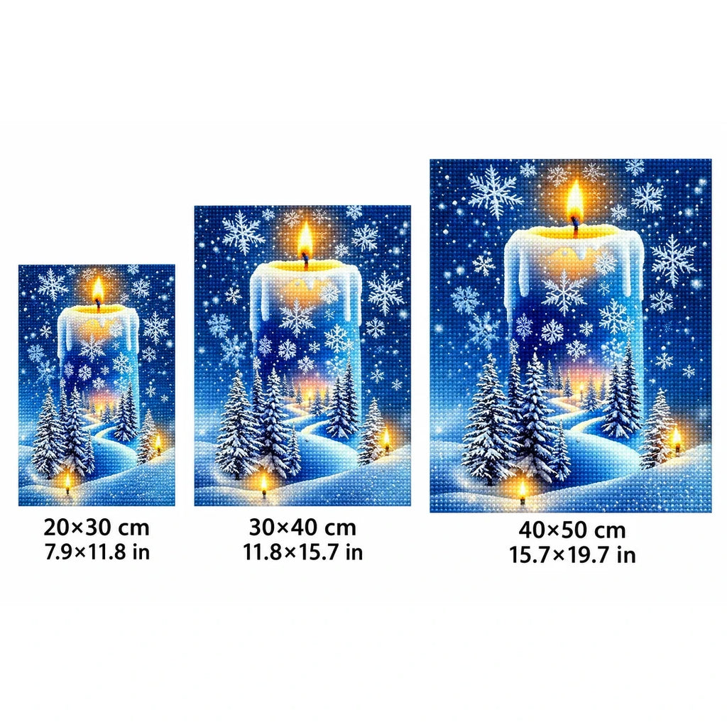 Winter Candle Snowflakes Diamond Painting Kit sizes