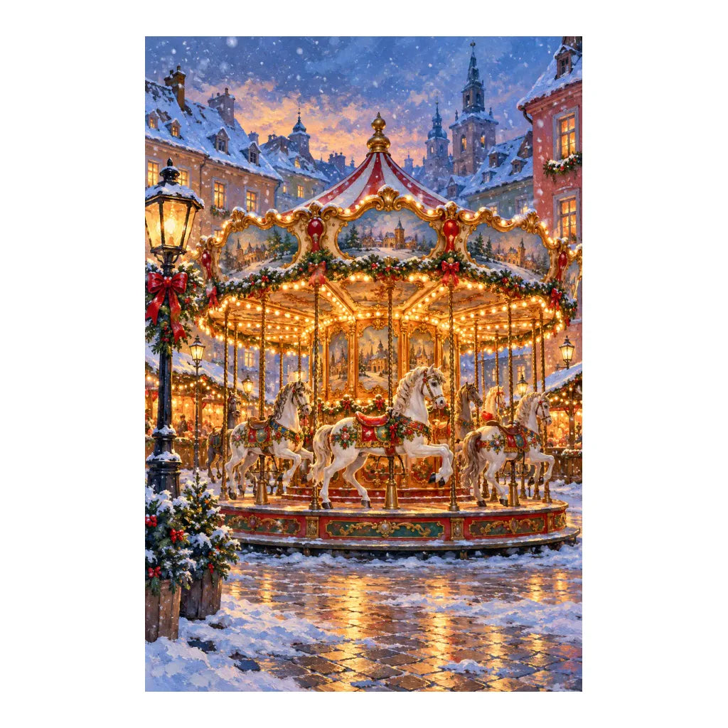 White-background original artwork of a golden carousel with white horses glowing in a snowy holiday village for a diamond painting kit