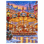 White-background finished diamond painting of a golden carousel with white horses glowing in a snowy holiday village with sparkling drills