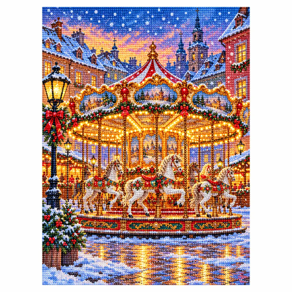 White-background finished diamond painting of a golden carousel with white horses glowing in a snowy holiday village with sparkling drills