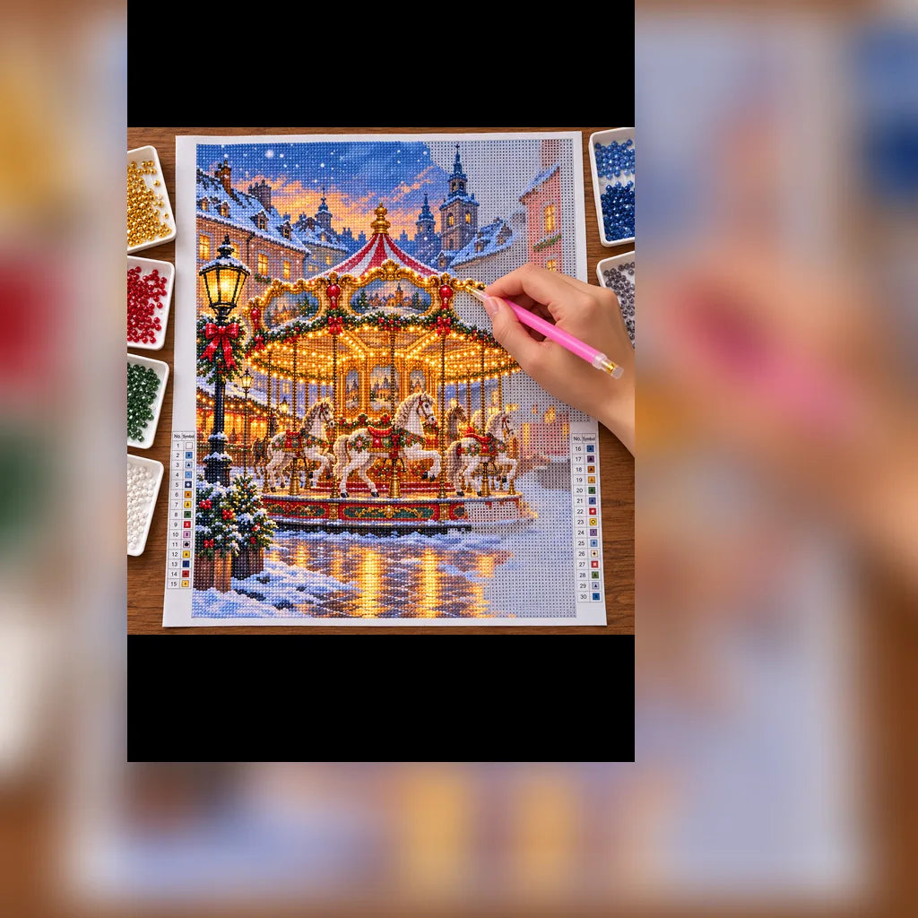 Diamond painting process showing a golden carousel with white horses glowing in a snowy holiday village being completed with a stylus