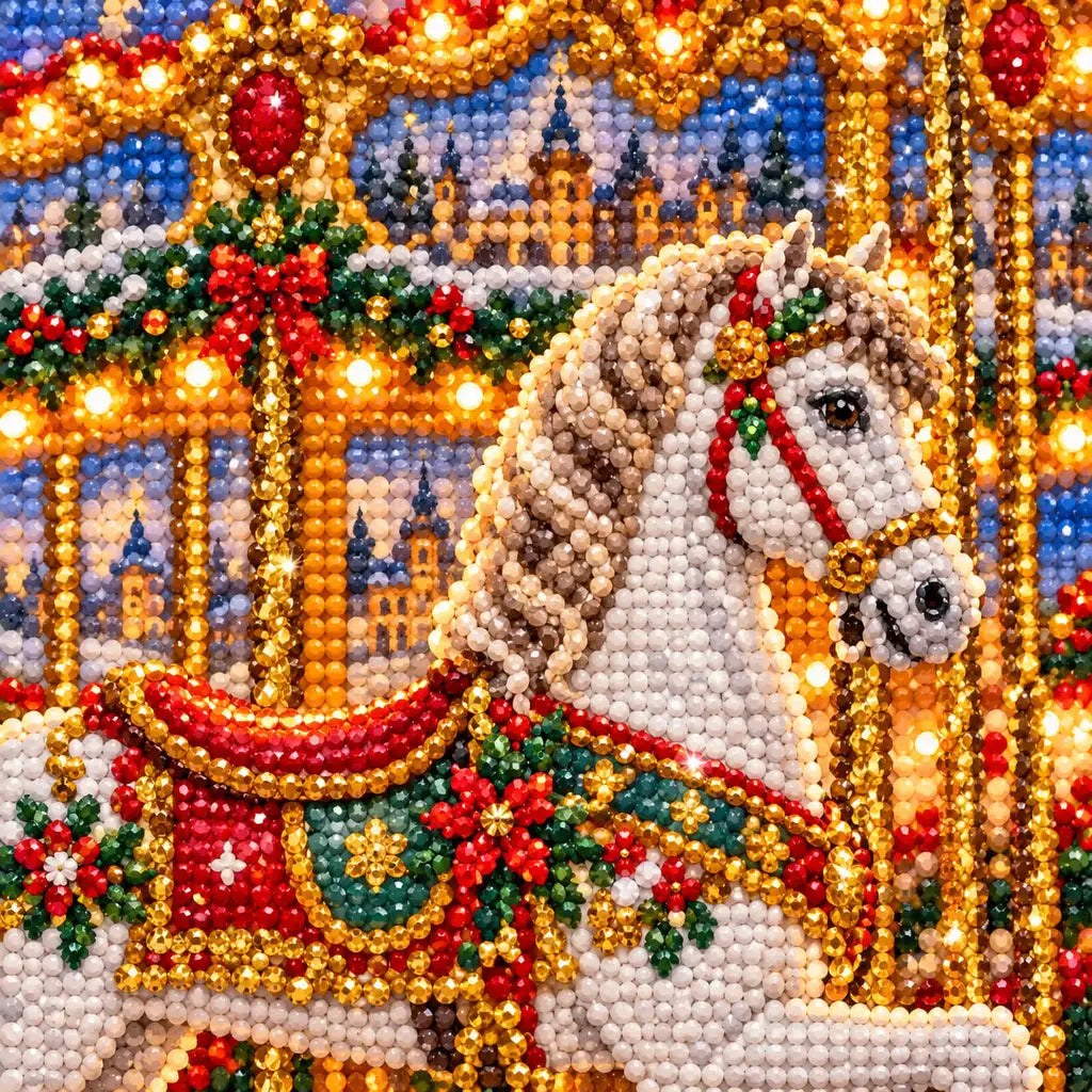 Close-up diamond drill detail of a golden carousel with white horses glowing in a snowy holiday village artwork