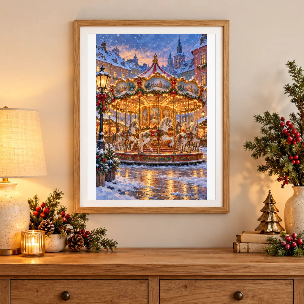 Framed a golden carousel with white horses glowing in a snowy holiday village diamond painting displayed as home decor