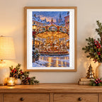 Framed a golden carousel with white horses glowing in a snowy holiday village diamond painting displayed as home decor