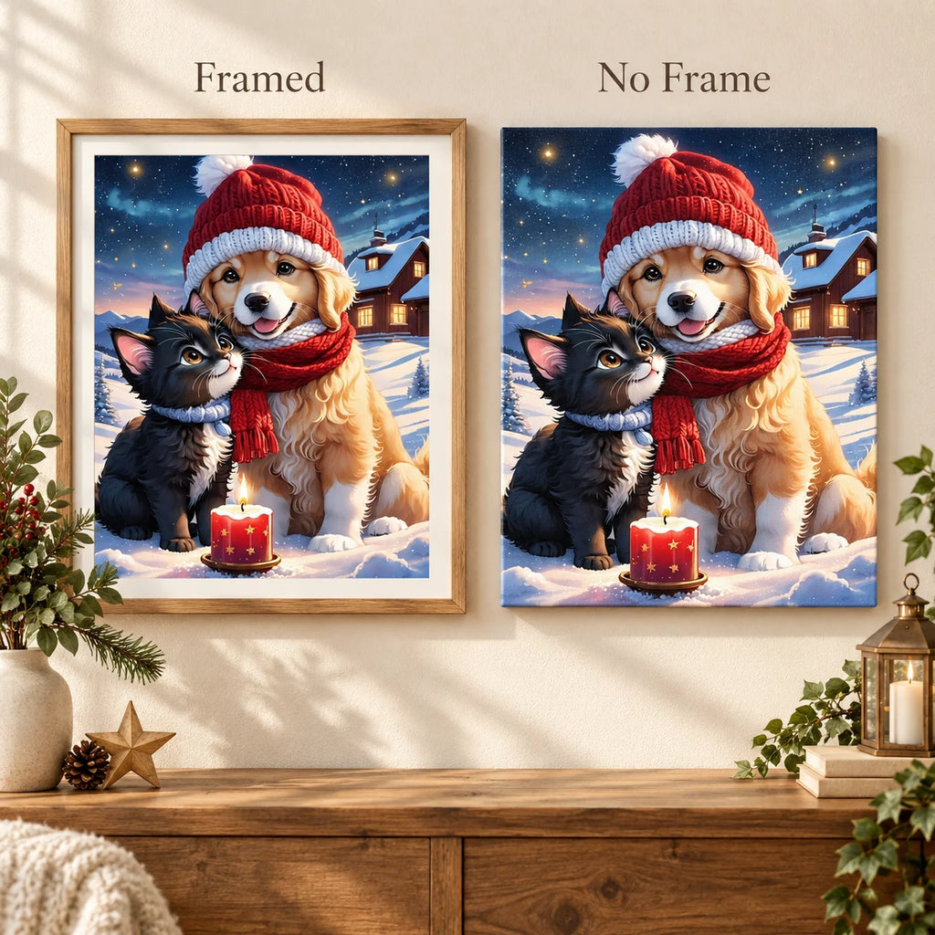 Framed and no-frame comparison for Winter Companions By Candlelight Diamond Painting Kit