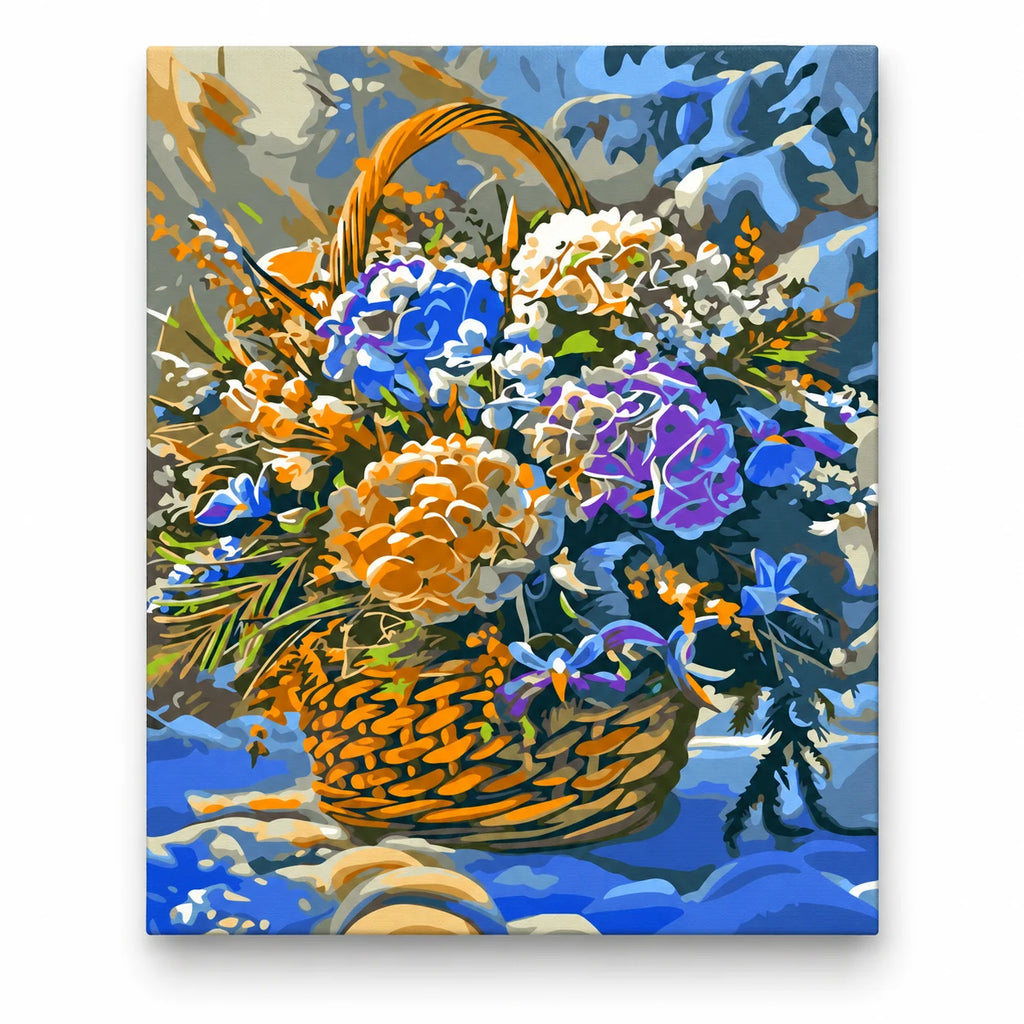 Winter Flower Basket with Pinecones paint by numbers artwork on a front-facing canvas against a white background