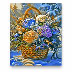 Winter Flower Basket with Pinecones paint by numbers artwork on a front-facing canvas against a white background