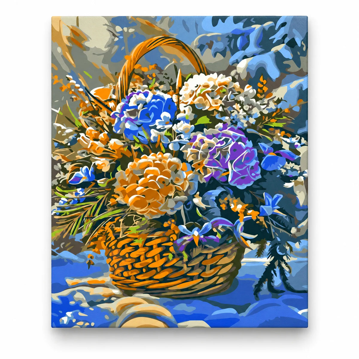 Winter Flower Basket with Pinecones paint by numbers artwork on a front-facing canvas against a white background