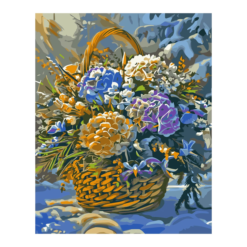 Winter Flower Basket with Pinecones completed artwork on a clean white background