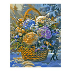 Winter Flower Basket with Pinecones completed artwork on a clean white background