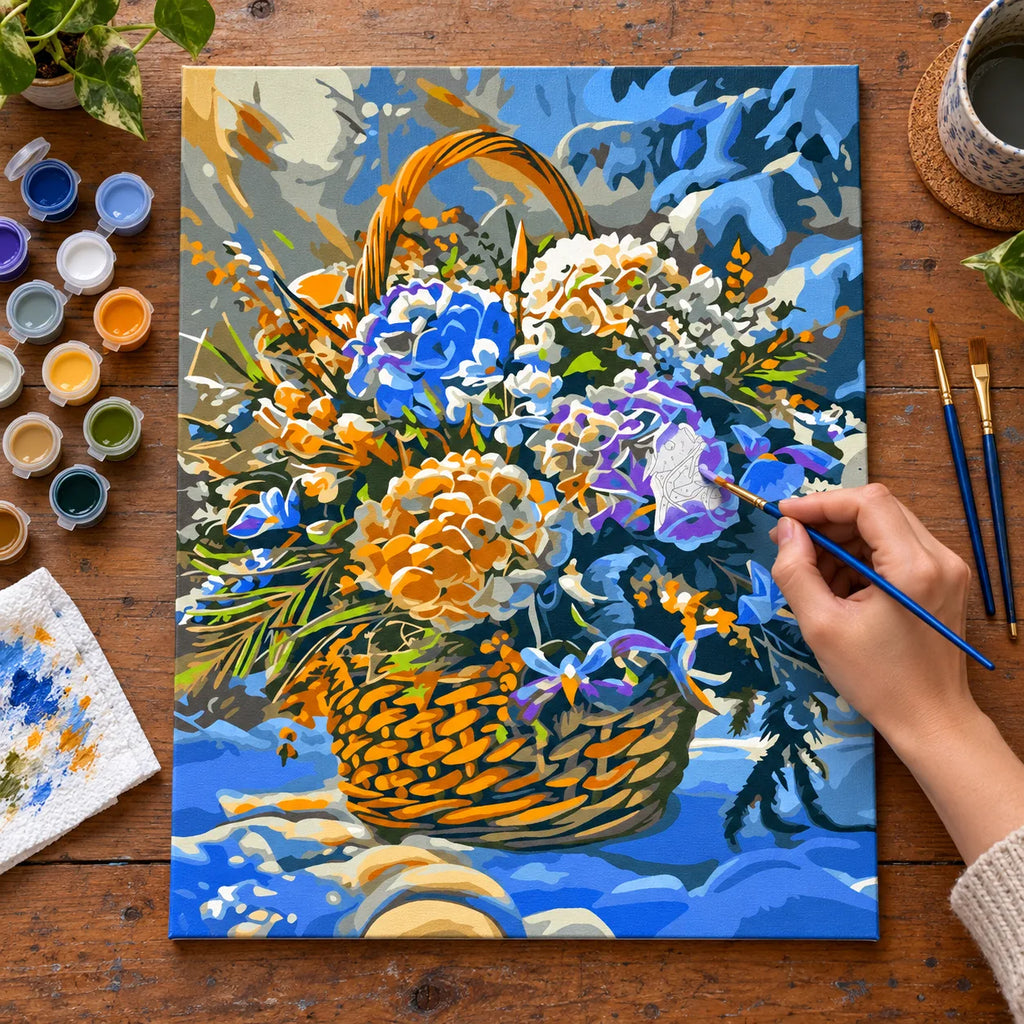Complete Winter Flower Basket with Pinecones numbered canvas being painted with acrylic paints and brushes