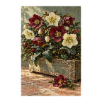 White-background finished diamond painting of winter hellebores in a wooden box