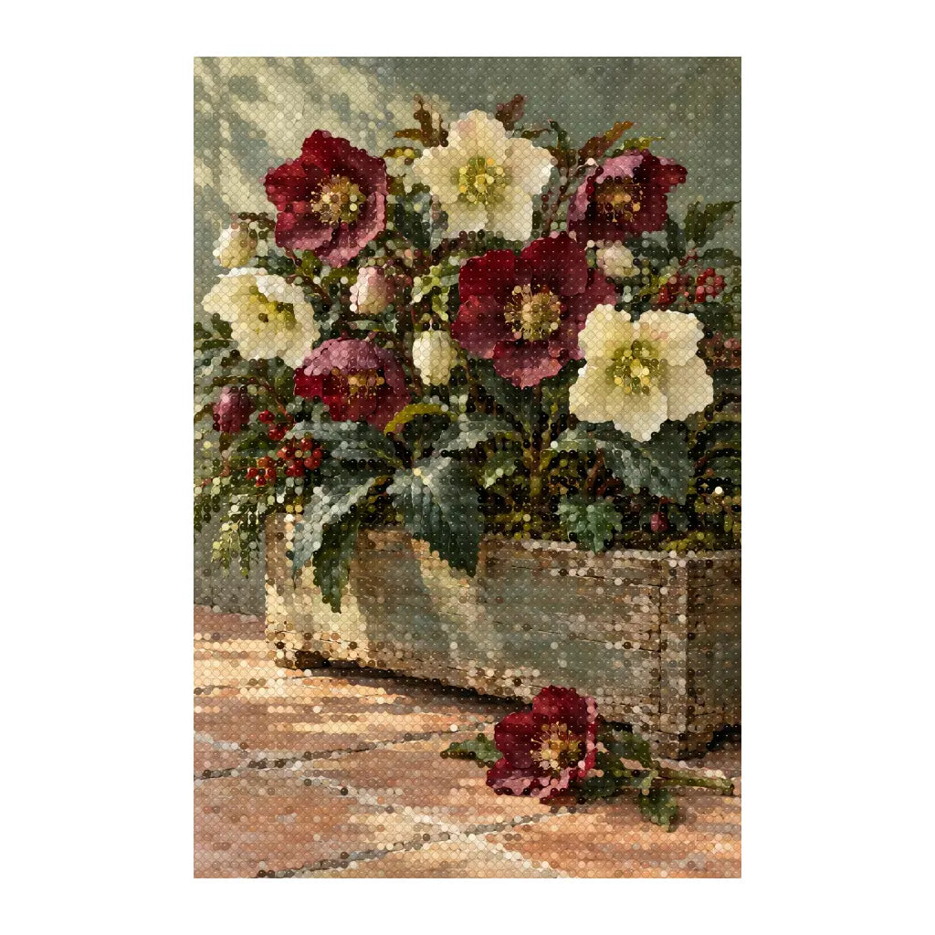 White-background finished diamond painting of winter hellebores in a wooden box