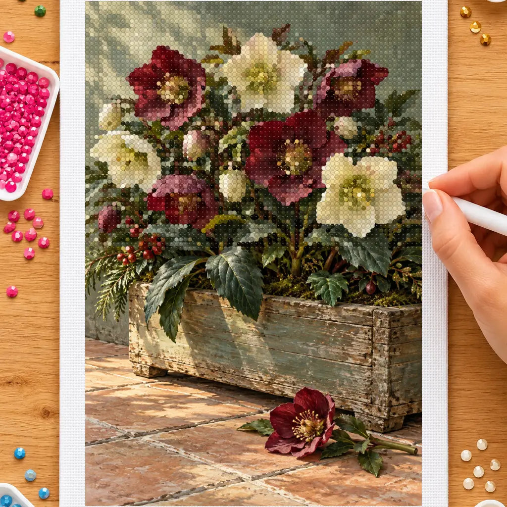 Hands placing drills on the winter hellebores in a wooden box diamond painting canvas