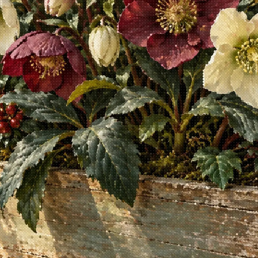 Close-up diamond detail of the winter hellebores in a wooden box diamond painting