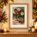 Framed home display of the winter hellebores in a wooden box diamond painting