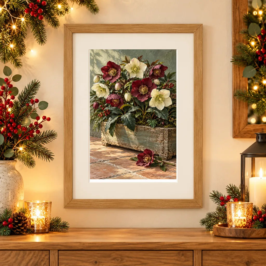 Framed home display of the winter hellebores in a wooden box diamond painting